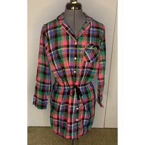 Victoria Secret Flannel Short Dress/ Robe Pink Grn Plaid Drawstring Waist XS